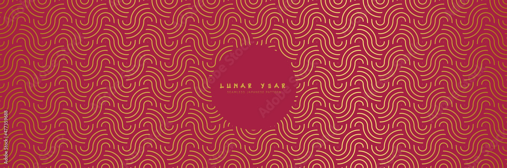 Japanese seamless pattern in oriental geometric waves traditional style. 3d golden wavy ornament for lunar chinese new year decoration. Gold and red asian water vector creative motif. Vintage print. - obrazy, fototapety, plakaty 