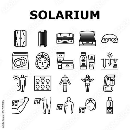 Solarium Salon Tanning Service Icons Set Vector. Disposable Protective Cap And Glasses, Horizontal And Vertical Solarium Cabin, Suntan And Sun Protect Cream Packages Black Contour Illustrations