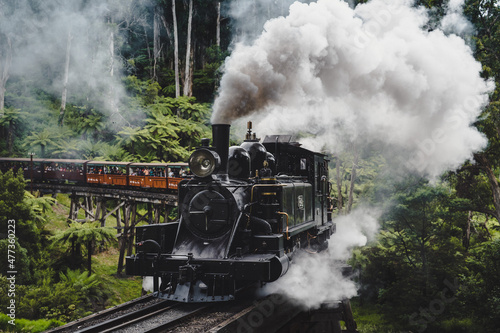 Foto Steam Train Crossing Wooden Trestle Bridge in the Forest