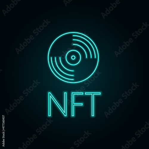 Neon sign nft music collection. Retro plate as a symbol of nft trend with neon effect in stele outline. Vector illustration of neon objects for decoration of artistic events. Music collection