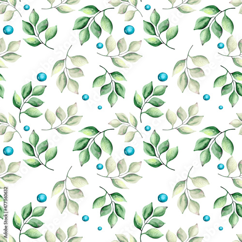 Fototapeta Naklejka Na Ścianę i Meble -  Seamless pattern with green leaves and blue pearl. Watercolor drawing for textiles, wallpaper, packaging and bed linen.
