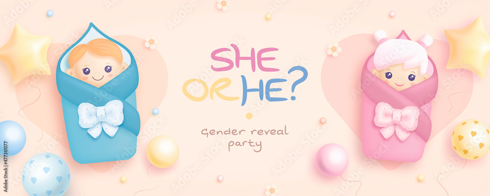 He or she. Cartoon gender reveal invitation template. Horizontal banner with realistic infants and helium balloons. Vector illustration