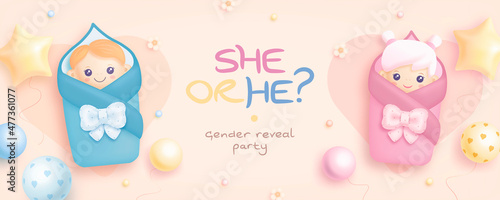 He or she. Cartoon gender reveal invitation template. Horizontal banner with realistic infants and helium balloons. Vector illustration