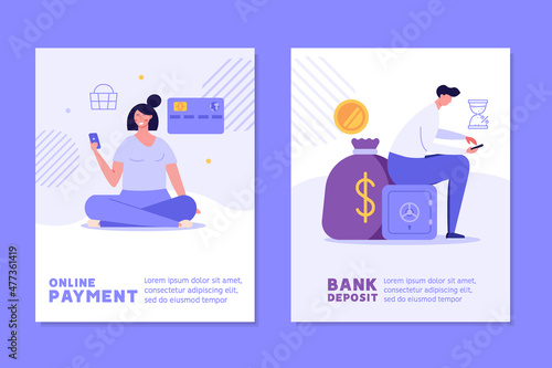 Woman customer buying online with bank card. Clients using mobile bank service. Man saving money in profitable deposit. Banners of online payment, mobile bank, safe bank deposit. Vector illustrations