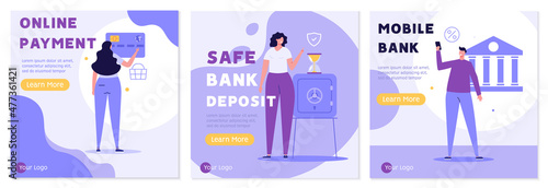 Customer buying online with bank e-card. Client using mobile bank service. Woman saving money in profitable deposit. Banners of online payment, mobile bank, safe bank deposit. Vector illustrations