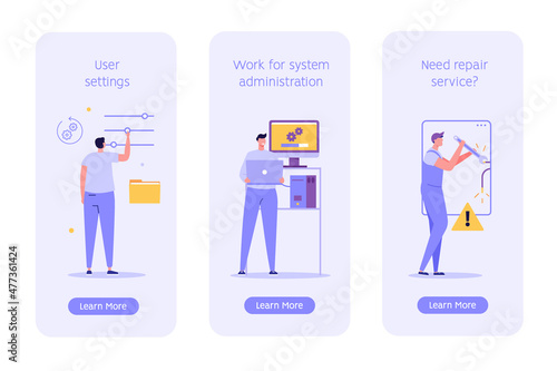Repairman fixing phone with maintenance and warning sign. User controlling system and mobile app. System administrator connecting to network. UI vector illustrations for mobile screen, onboarding app