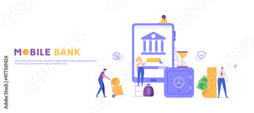 Customer buying online with mobile app. Client using mobile bank service. People saving money in profitable deposit. Online payment, mobile bank, safe bank deposit. Vector illustration
