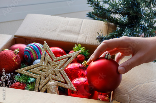Christmas decorations in carton box