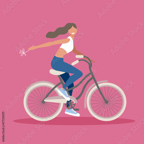 Funny smiling girl on a bicycle with a flower in her hand. Cute happy young woman on a bicycle. Flat cartoon vector illustration in trendy colors. © fancykeith