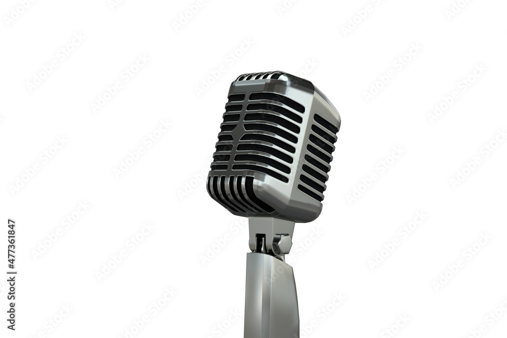 Fototapeta premium retro metallic microphone isolated on white background, 3d render, vintage style