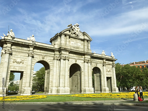 Alcala Gate right in the heart of Madrid on a Beautiful Morning in Spain on a family trip