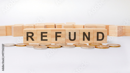 Photography refund - wooden letters on the office desk, white background, business concept