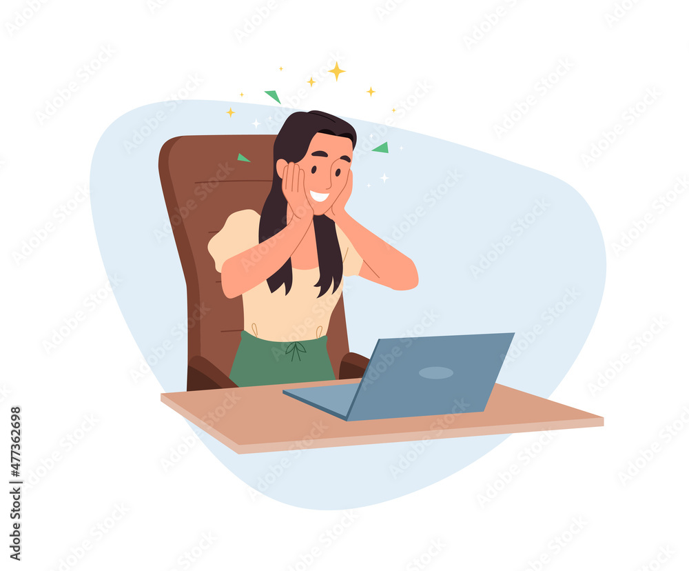 Celebrating Success concept. Happy woman sitting at her desk, looking at her laptop and rejoicing at achieving goal or winning. Smiling entrepreneur with confetti. Cartoon flat vector illustration