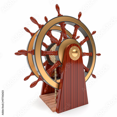 Large ship's wheel made of red wood and with bronze parts. Helm used by the ancient ships of the 18th century.Isolate on white background