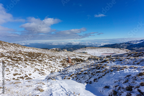 The scenic winter view of Saklıkent, which is a winter resort, 45 kilometres from Antalya and has one two-seater chairlift, and one T-bar ski lift in Turkey