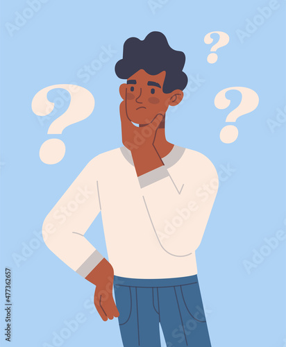 Thoughts about choice concept. Young confused man looking for answers to questions or solving problems. Thoughtful entrepreneur or employee finds solutions. Cartoon modern flat vector illustration