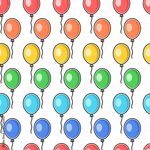 Seamless background with multicolored balloons in children's flat style with black outline, the concept of a holiday, birthday. Vector illustration