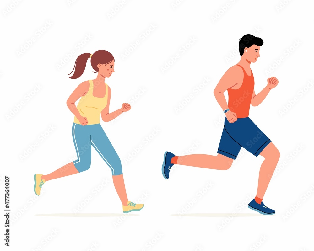 Running man and woman on a white background. Fast run. The concept of a marathon race. Sport and fitness template design with runners in flat style. Vector illustration Running man and woman on a white background. Fast run. The concept of a marathon race. Sport and fitness template design with runners in flat style. Vector illustration