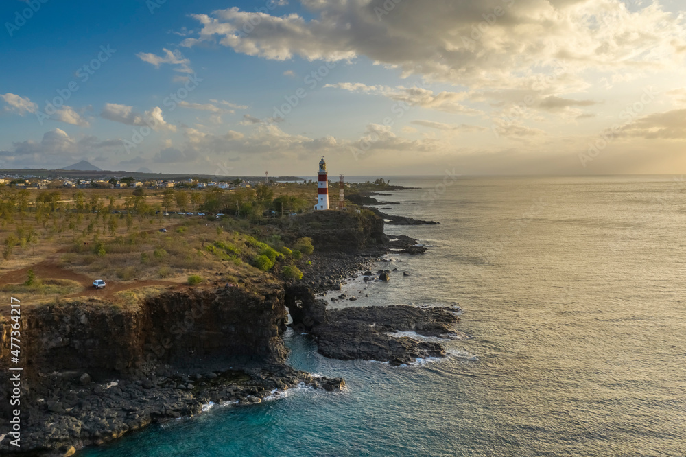 Aerial view of a lighthouse along the coastline near Albion, Mauritius. Aerial view of a lighthouse along the coastline near Albion, Mauritius.