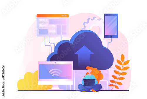Application service abstract. SaaS technology or cloud storage. Woman with laptop gets access to data in cloud server and downloads files. Transmission of information. Cartoon flat vector illustration