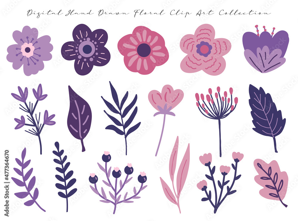 set of beautiful hand drawn pink and violet flowers digital art