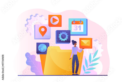 Application service abstract concept. Software package. Young woman puts various programs in folder. Internet, messages, videos, calendar and settings. Cartoon contemporary flat vector illustration