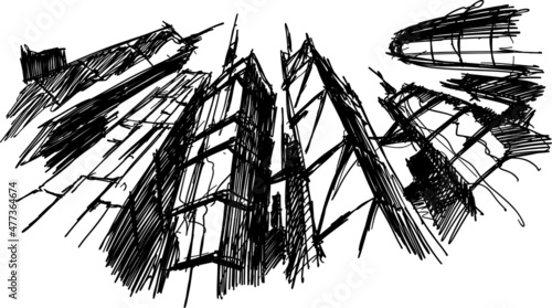 hand drawn architectural sketch of a modern abstract city architecture and skyscrapers and tall building