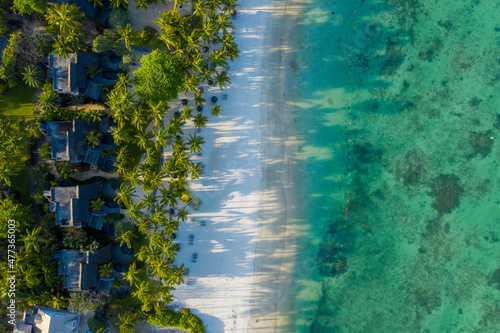 Aerial view of Trou aux Biches, a beautiful beach along the coastline, Mauritius.