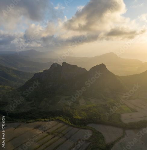 Aerial view of a Trois Mamelles, a mountain peak view during sunset near Vacoas Phoenix, Mauritius. photo