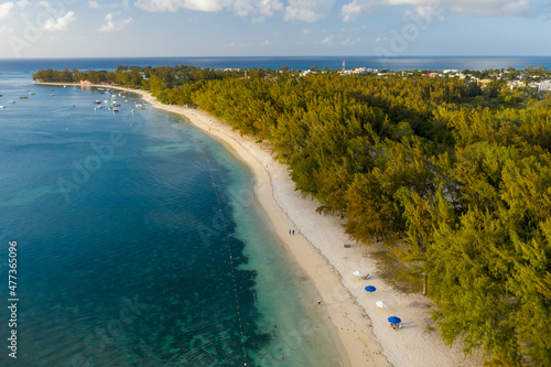 Aerial view of Mont Choisy Beach, a beautiful coastline near the reef in Mont Choisy, Mauritius. photo