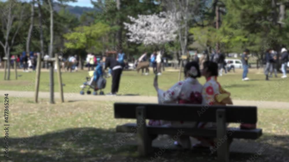 Blurred defocused view of maiko geisha sitting and taking selfie picture in Nara Park. Beautiful asian woman making self portrait with smartphone. Tourits visit Japan in holidays and make photograph Blurred defocused view of maiko geisha sitting and taking selfie picture in Nara Park. Beautiful asian woman making self portrait with smartphone. Tourits visit Japan in holidays and make photograph