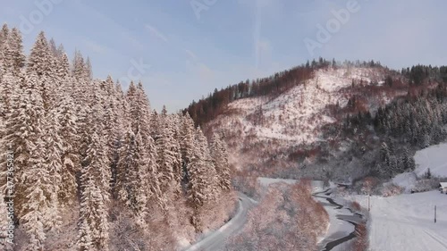 Winter in the mountains. Forest in the snow. Shooting from a quadcopter.