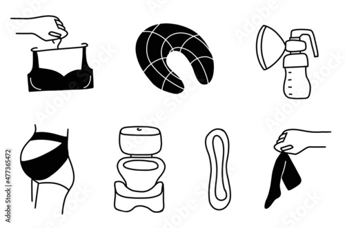 Compression underwear, footrest Breast pump, Orthopedic bandage, bra for pregnant woman set of doodle sketch icons line outline Vector illustration