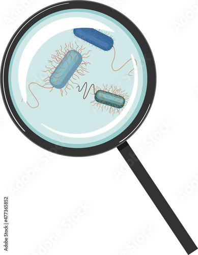 Bacteria under magnifying glass isolated on white background