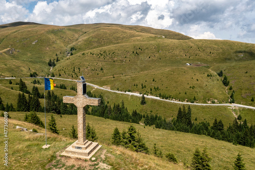 Aerial view of Crucea din Dinchiu in Bucegi national park, Prahova, Romania. photo