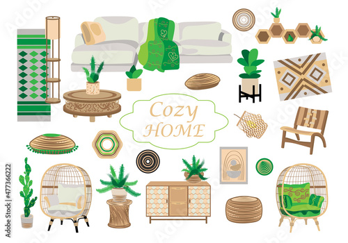 Bohemian living room decor. 30 Items. Lamps, stands, blancet, shelf, poufs, painting, chest of drawers, table, potted plants