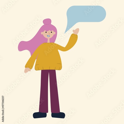 Smiling girl with pink hair with speech bubble. Vector flat character illustration.