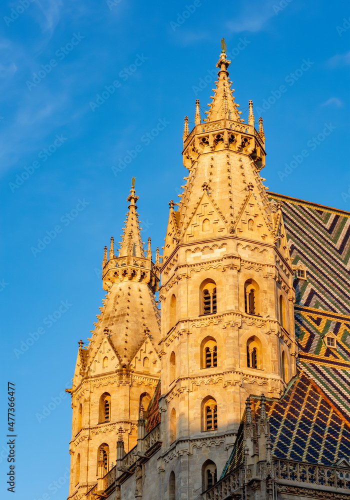 Towers of St. Stephen's cathedral on Stephansplatz square in Vienna, Austria