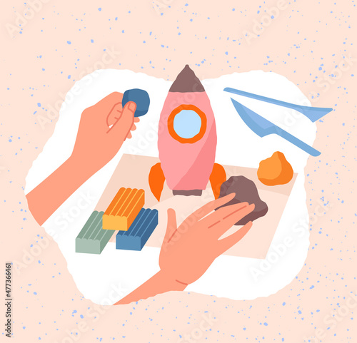 Creative workshop concept. Hands sculpt model of spaceship out of soft plasticine. Sculpture as hobby or entertainment. Pleasant pastime for children and adults. Cartoon flat vector illustration
