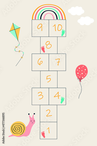 Hopscotch children game . Cute vector illustration of a summer kids outdoor game. Cartoon hopscotch painted on asphalt for a baby. A jumping game.