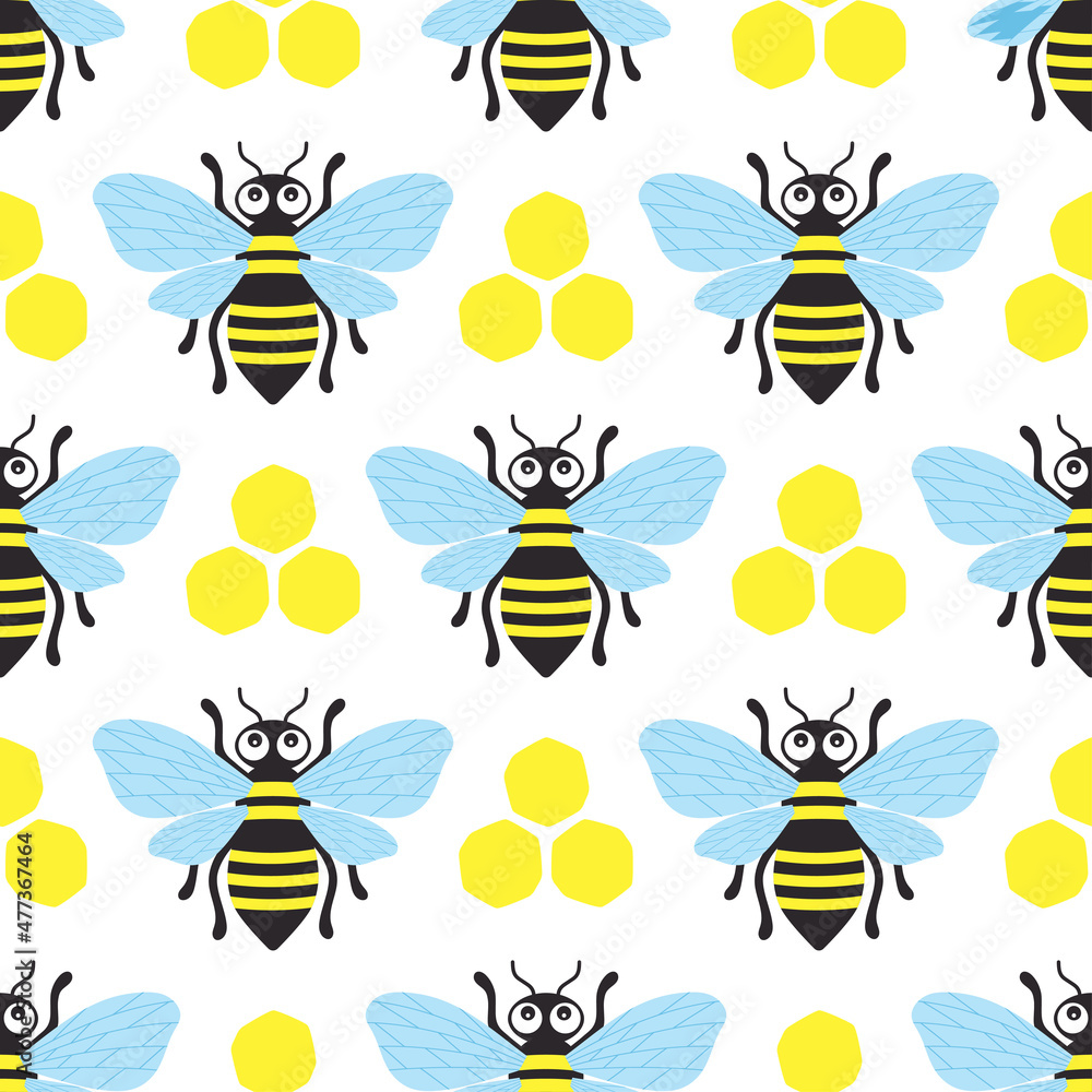 cartoon seamless pattern with bees and honeycombs