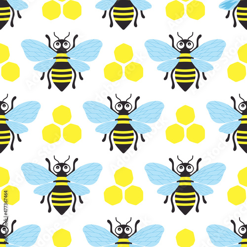 cartoon seamless pattern with bees and honeycombs © StockVector