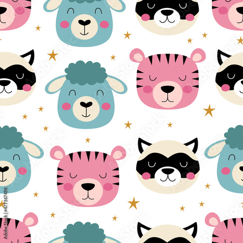 seamless pattern with cute animals faces in scandinavian style
