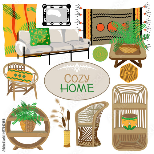 Modern Boho living room. Cozy Home. 17 Items. Curtains, vase with reeds, carpet, mirror, sofa, pillows, rattan chairs, bookshelves, stands, table, potted plants