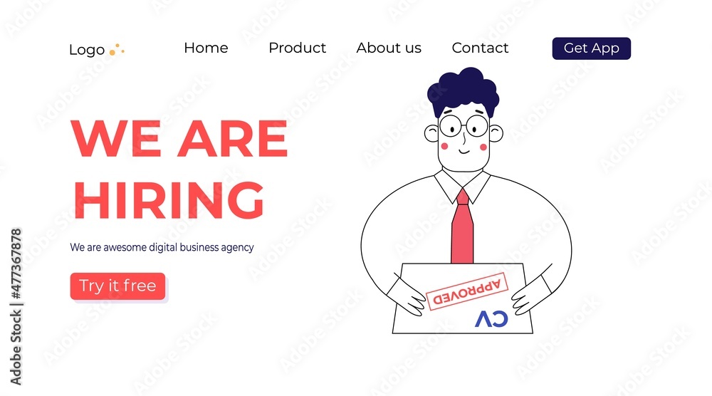 Simple character is hiring employee. Banner we are hiring. People searching for staff, read the cv. Vector trendy line art. Landing page concept for web page Simple character is hiring employee. Banner we are hiring. People searching for staff, read the cv. Vector trendy line art. Landing page concept for web page