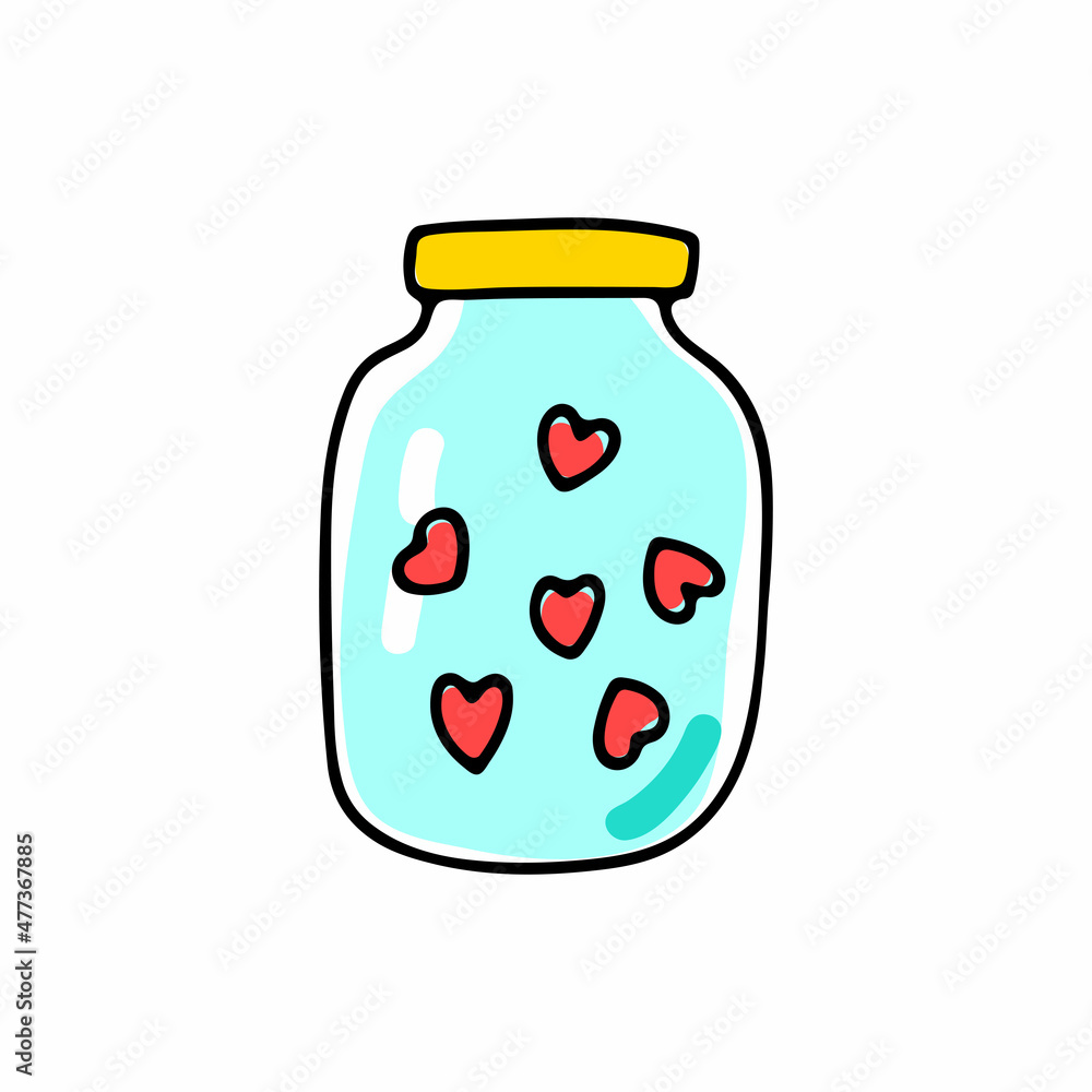 Doodle glass jar with red hearts. Color Transparent container isolated on white background. Valentines day sign. Festive decoration, cozy home decor. Love, feelings cute symbol. Vector illustration Doodle glass jar with red hearts. Color Transparent container isolated on white background. Valentines day sign. Festive decoration, cozy home decor. Love, feelings cute symbol. Vector illustration