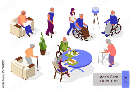 Old people. Aged care in isometric view. 3D illustration