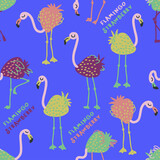 Seamless pattern with strawberry flamingo and inscription. Perfect for T-shirt, textile and print. Hand drawn vector illustration for decor and design.
