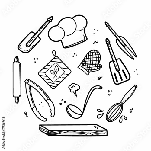 Hand-drawn chef's tools and doodle-style clothing. Vector illustration in the form of icons. Chef's hat, oven mitts, cutting and slicing board and apron. A rolling pin, various spatulas and tongs.