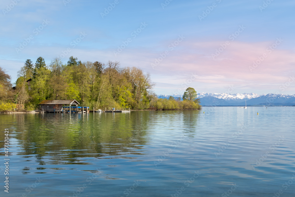View of Lake Starnberger See with the Alps in the background.